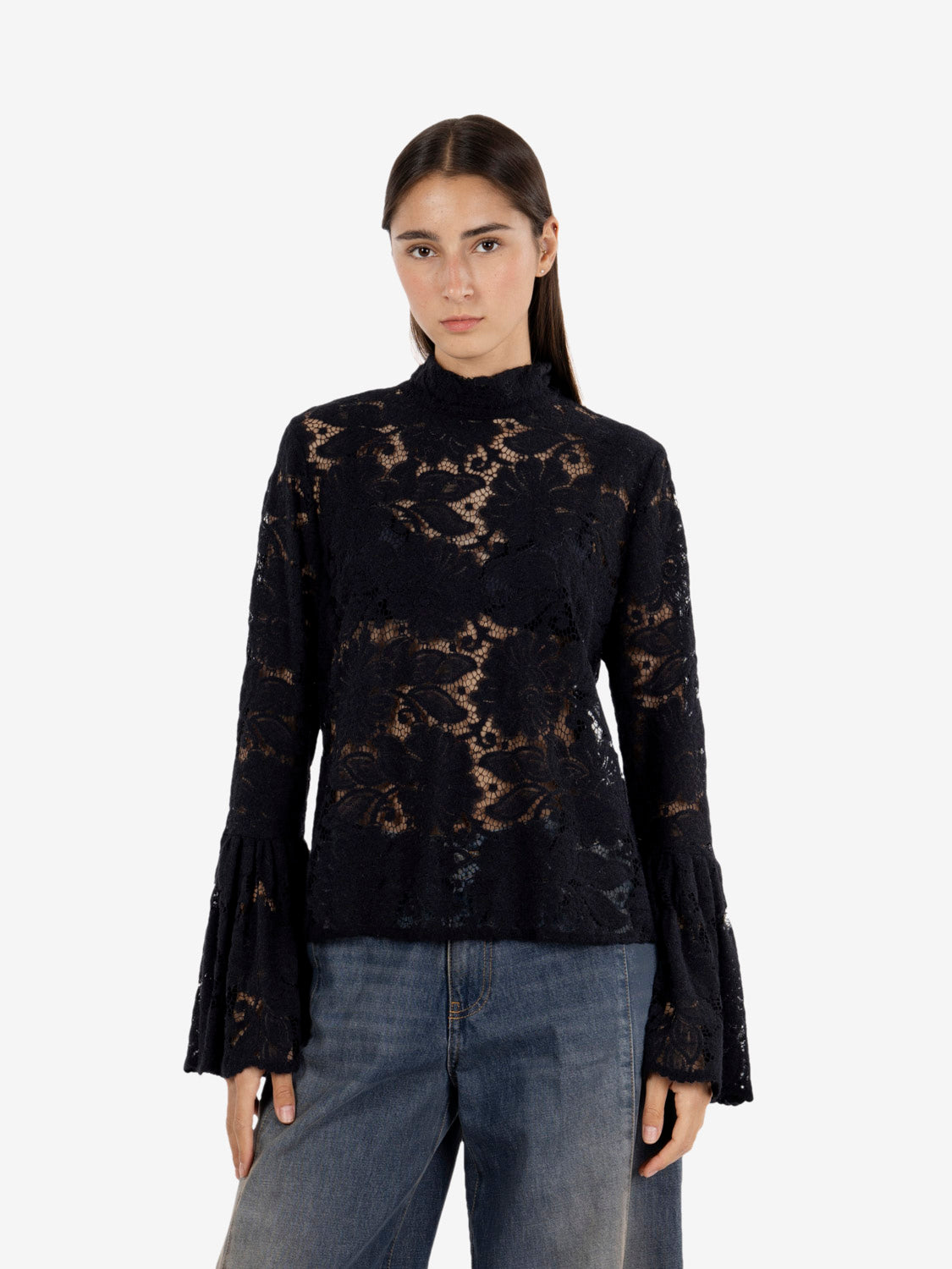 Blusa in pizzo con fusciacca nero