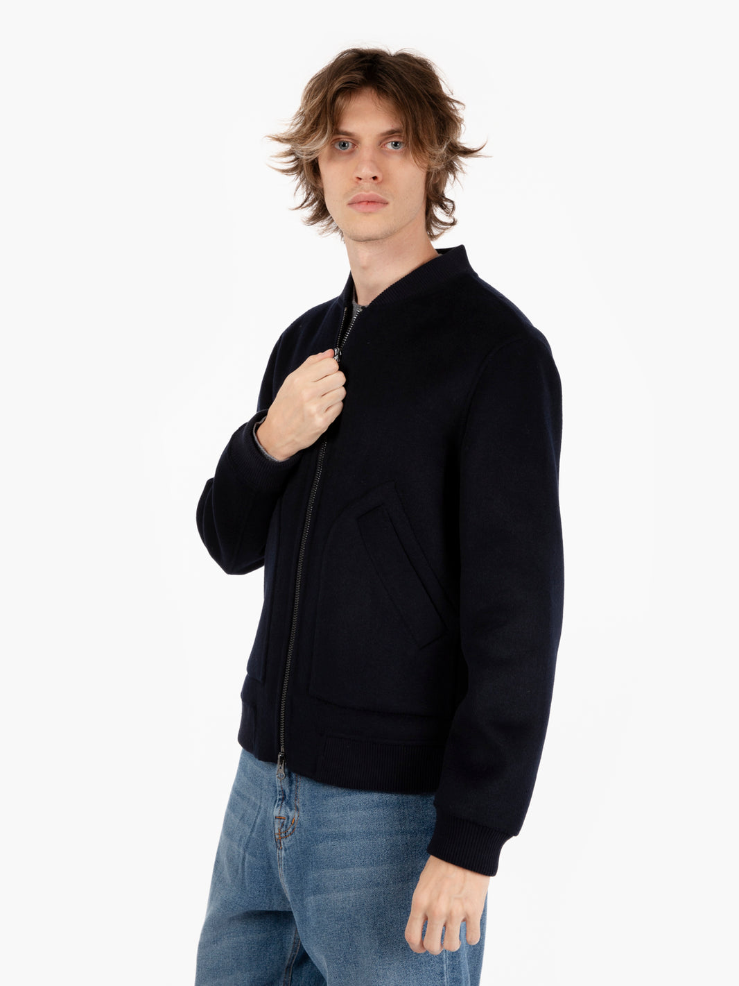 Bomber con zip in lana navy
