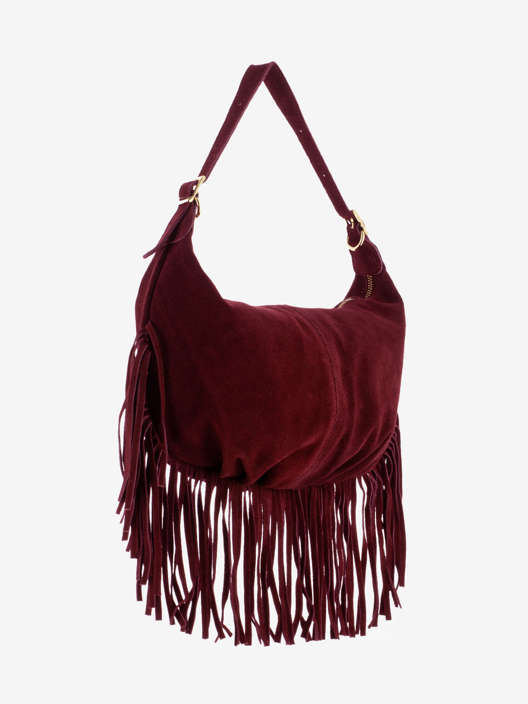 Burgundy suede fringed shoulder bag