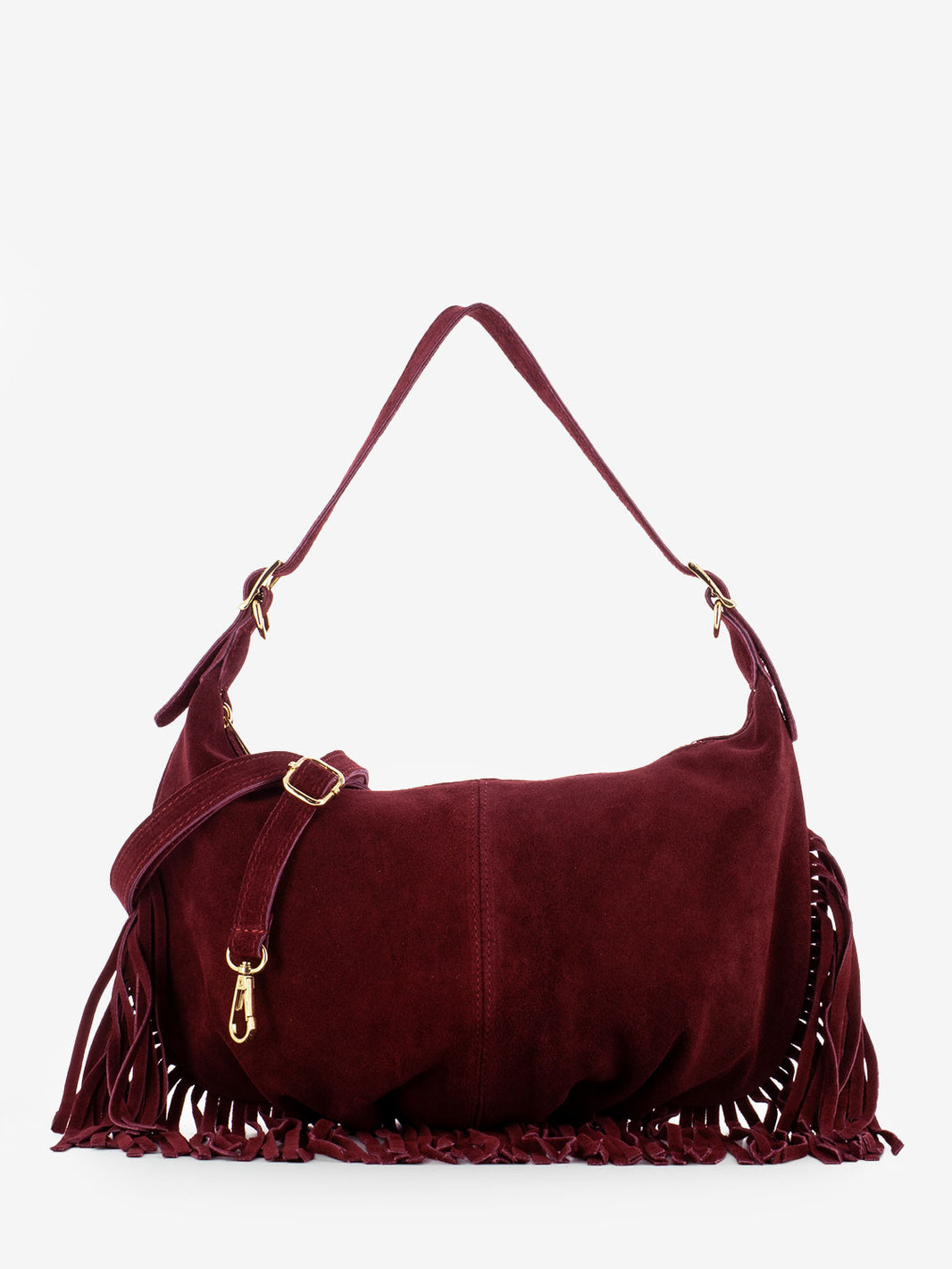 Burgundy suede fringed shoulder bag
