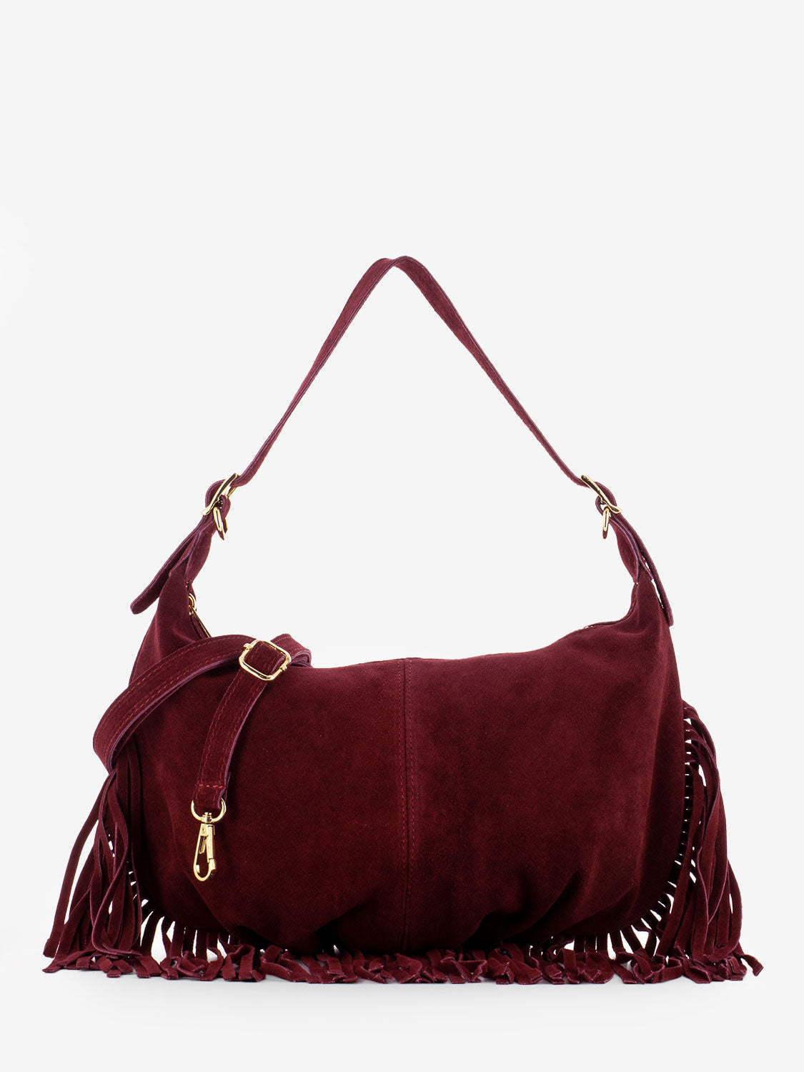 Burgundy suede fringed shoulder bag