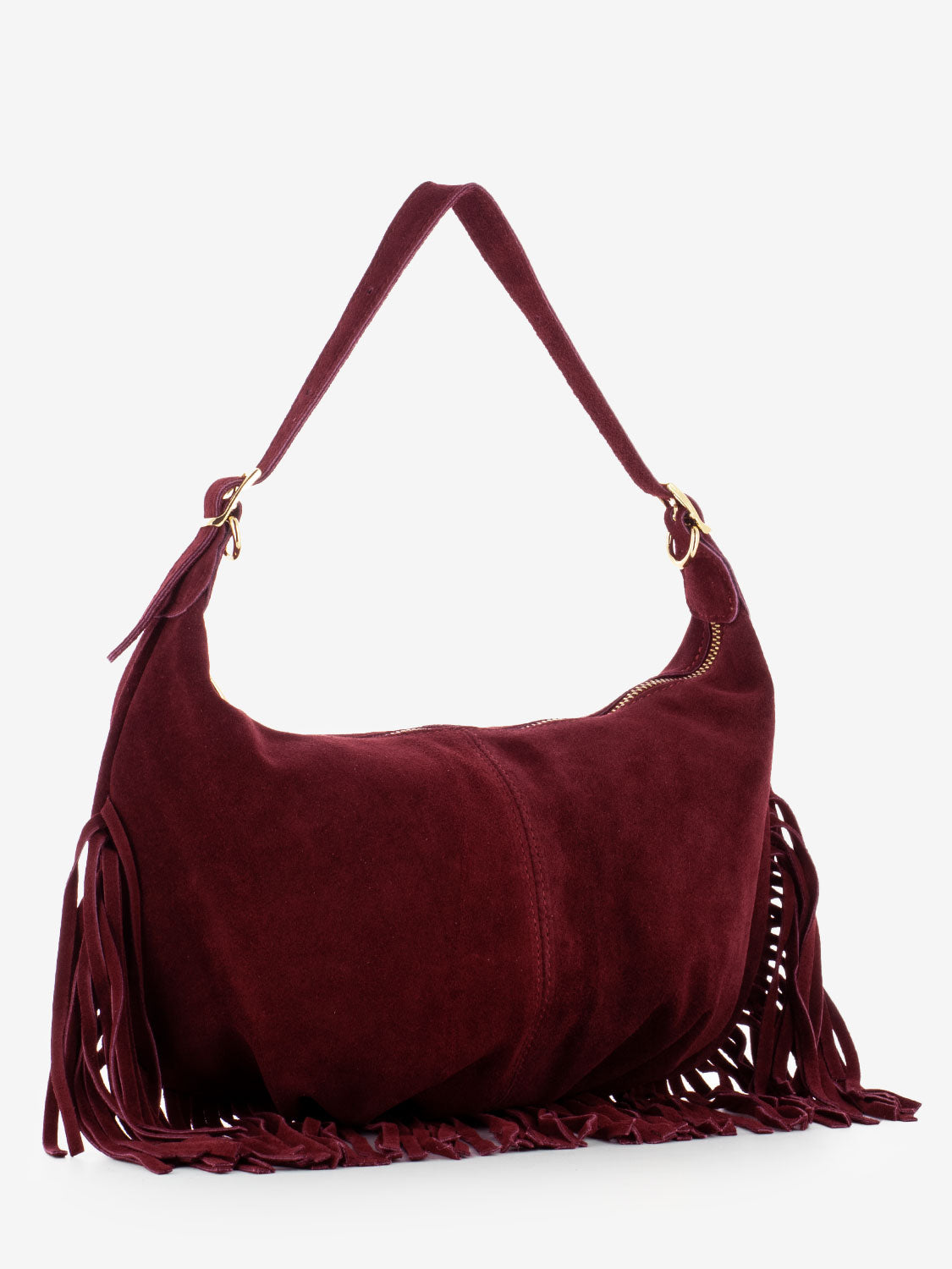 Burgundy suede fringed shoulder bag