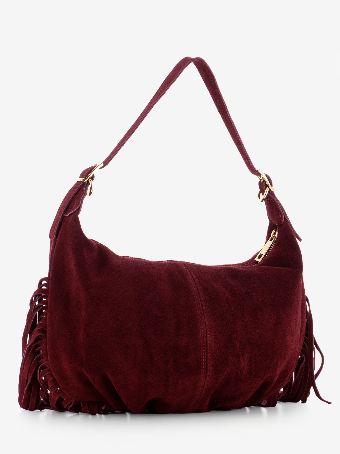 Burgundy suede fringed shoulder bag