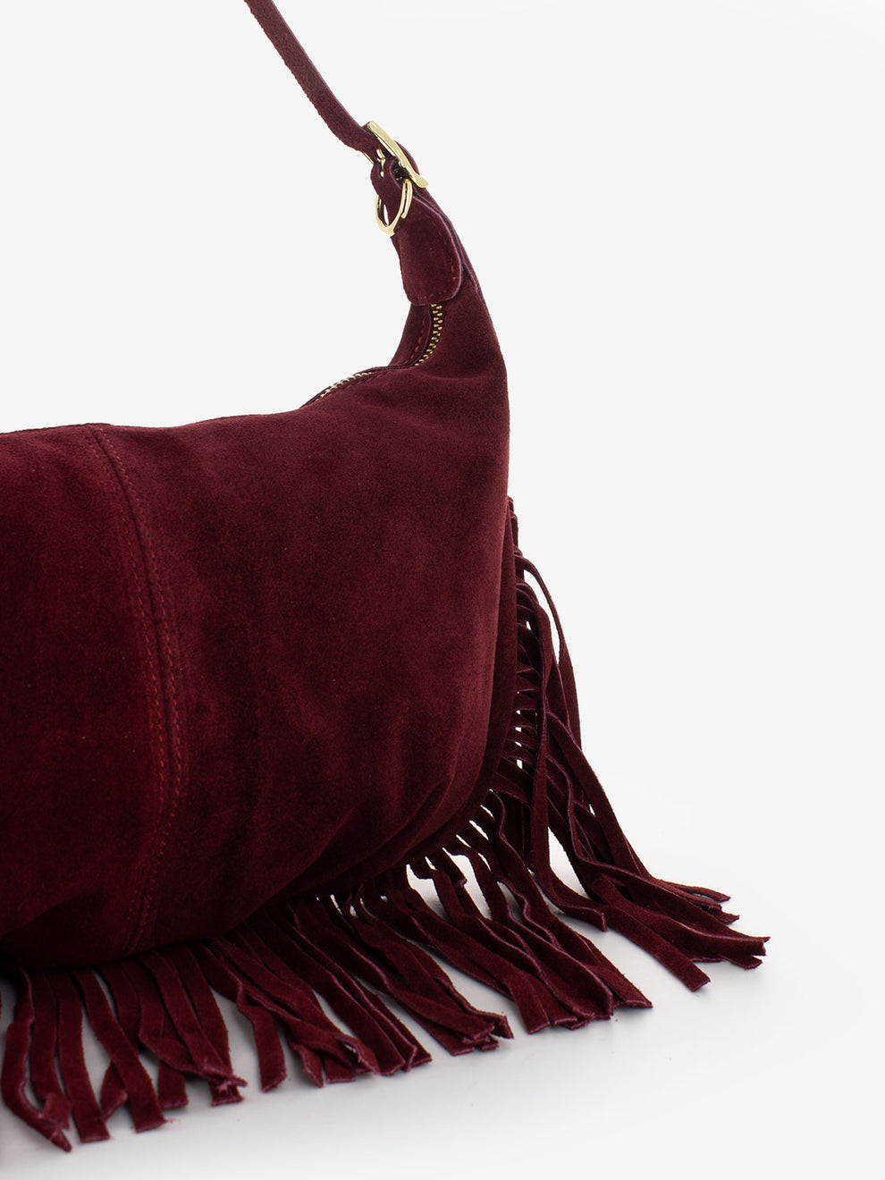 Burgundy suede fringed shoulder bag