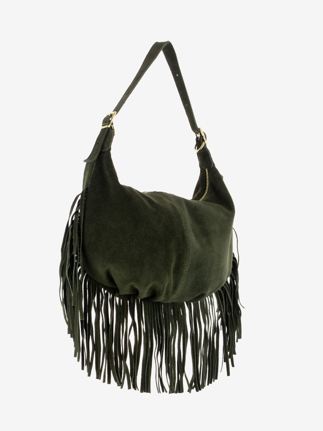 Dark olive suede fringed shoulder bag
