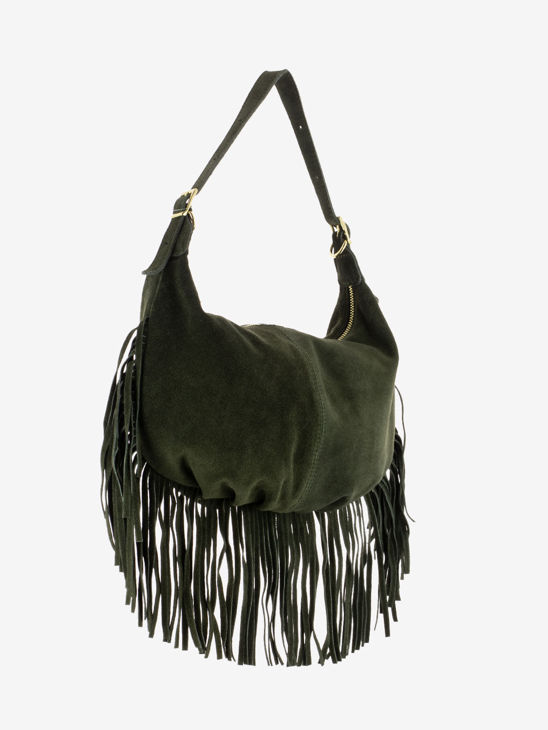 Dark olive suede fringed shoulder bag