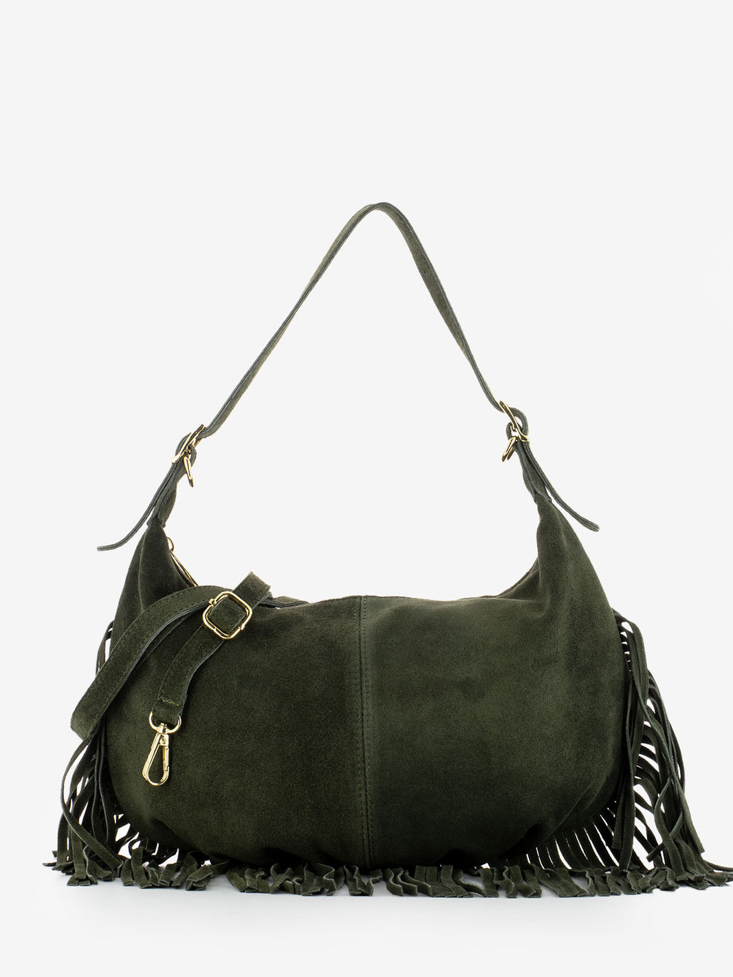 Dark olive suede fringed shoulder bag