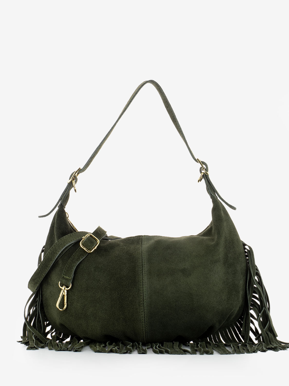Dark olive suede fringed shoulder bag