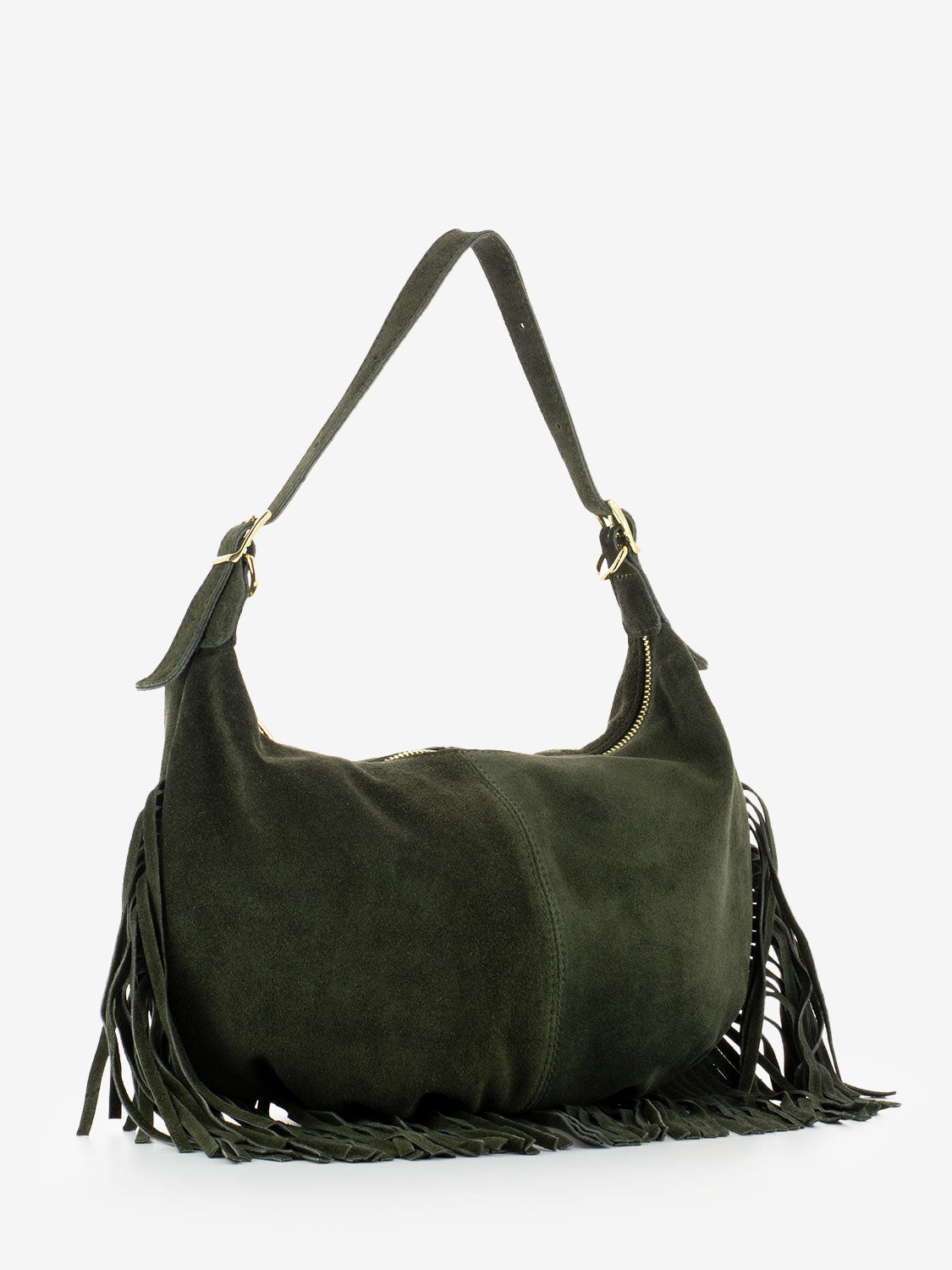 Dark olive suede fringed shoulder bag