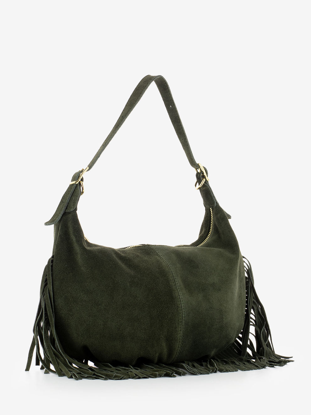 Dark olive suede fringed shoulder bag