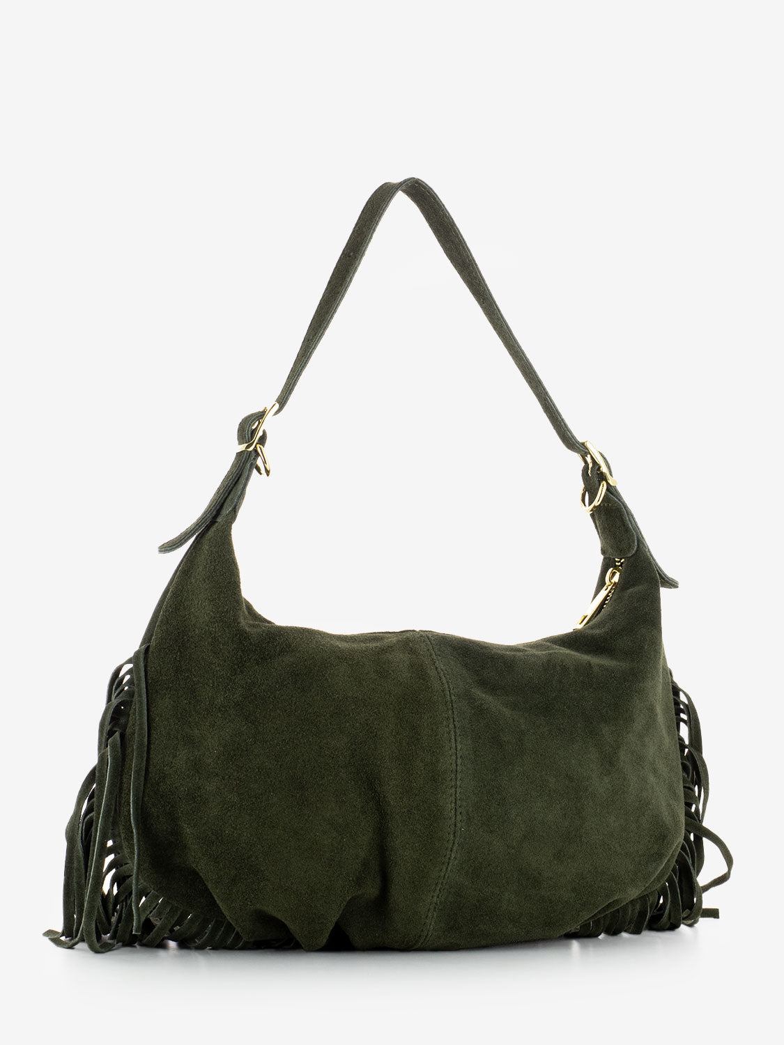 Dark olive suede fringed shoulder bag