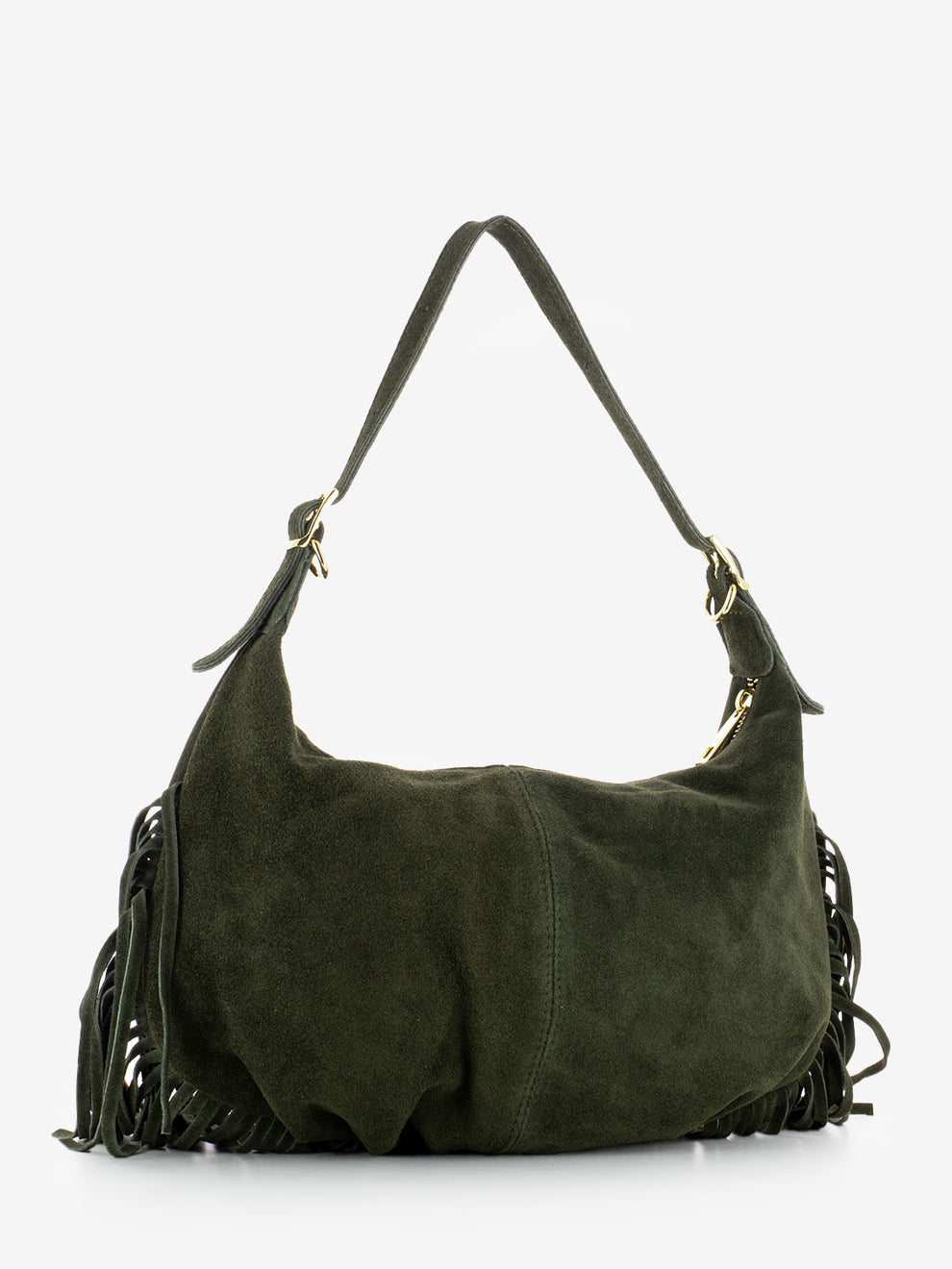 Dark olive suede fringed shoulder bag