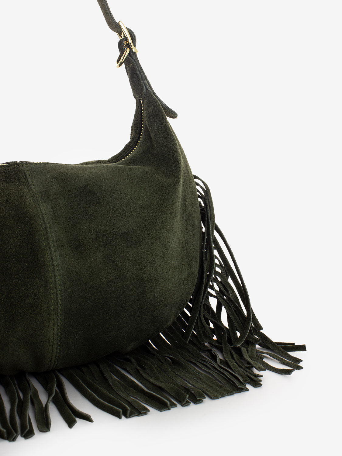 Dark olive suede fringed shoulder bag