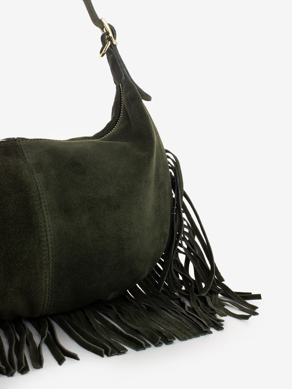 Dark olive suede fringed shoulder bag