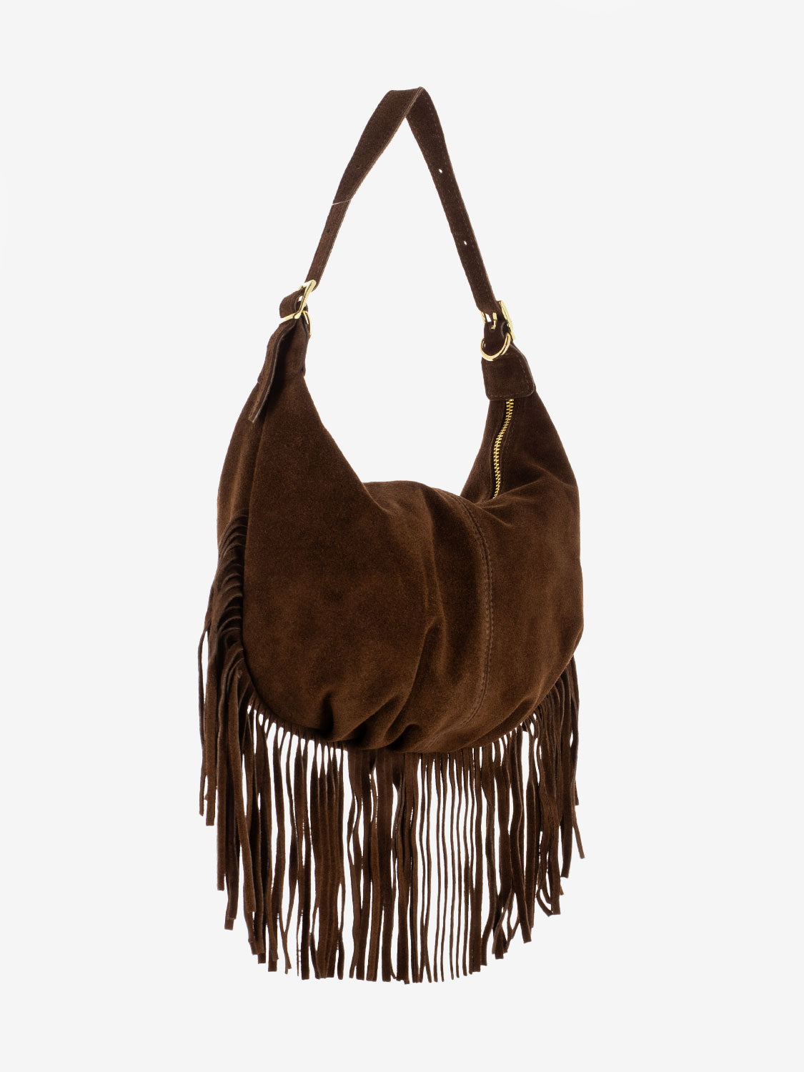 Brown suede fringed shoulder bag