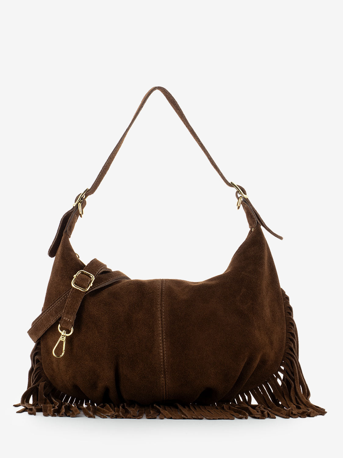 Brown suede fringed shoulder bag