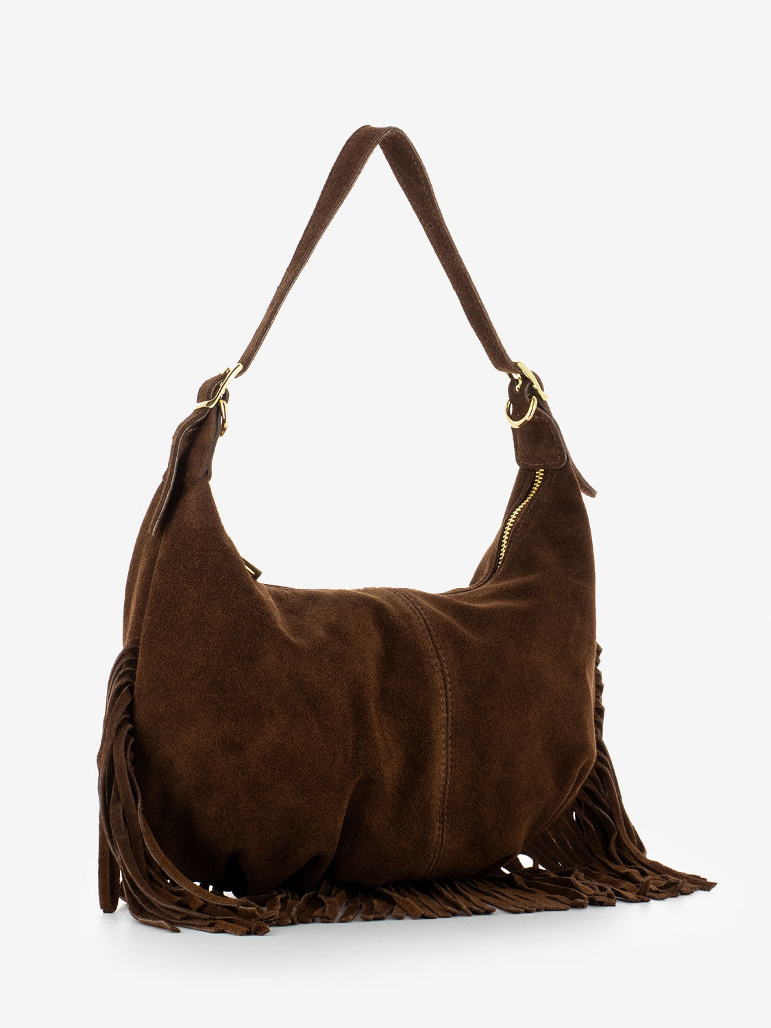 Brown suede fringed shoulder bag