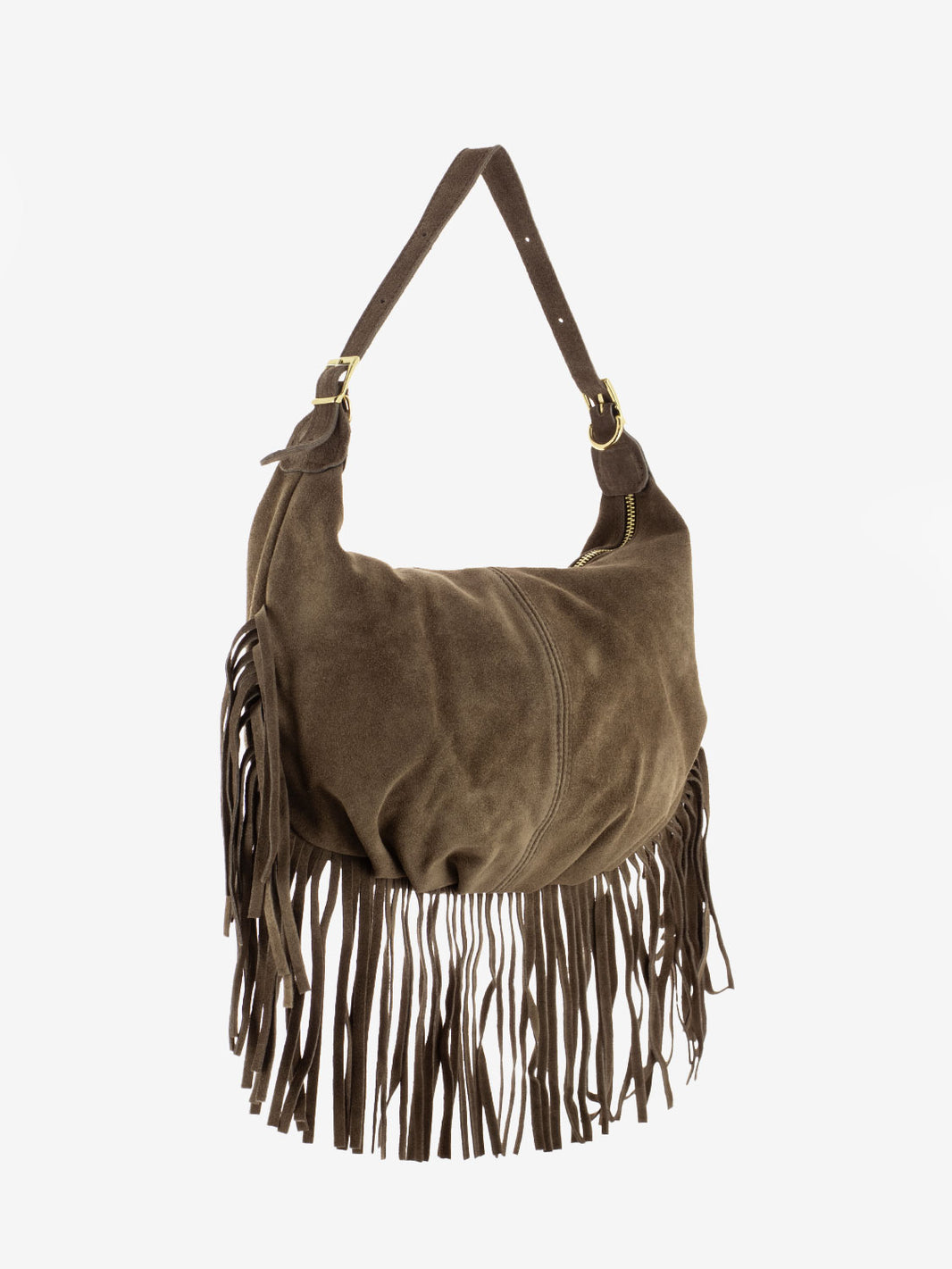 Taupe suede fringed shoulder bag