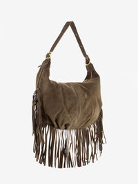 Taupe suede fringed shoulder bag