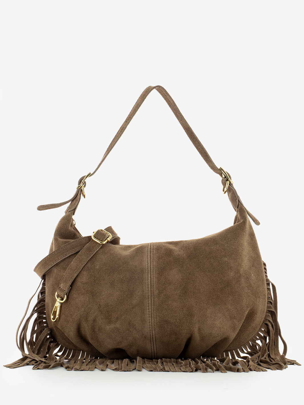 Taupe suede fringed shoulder bag