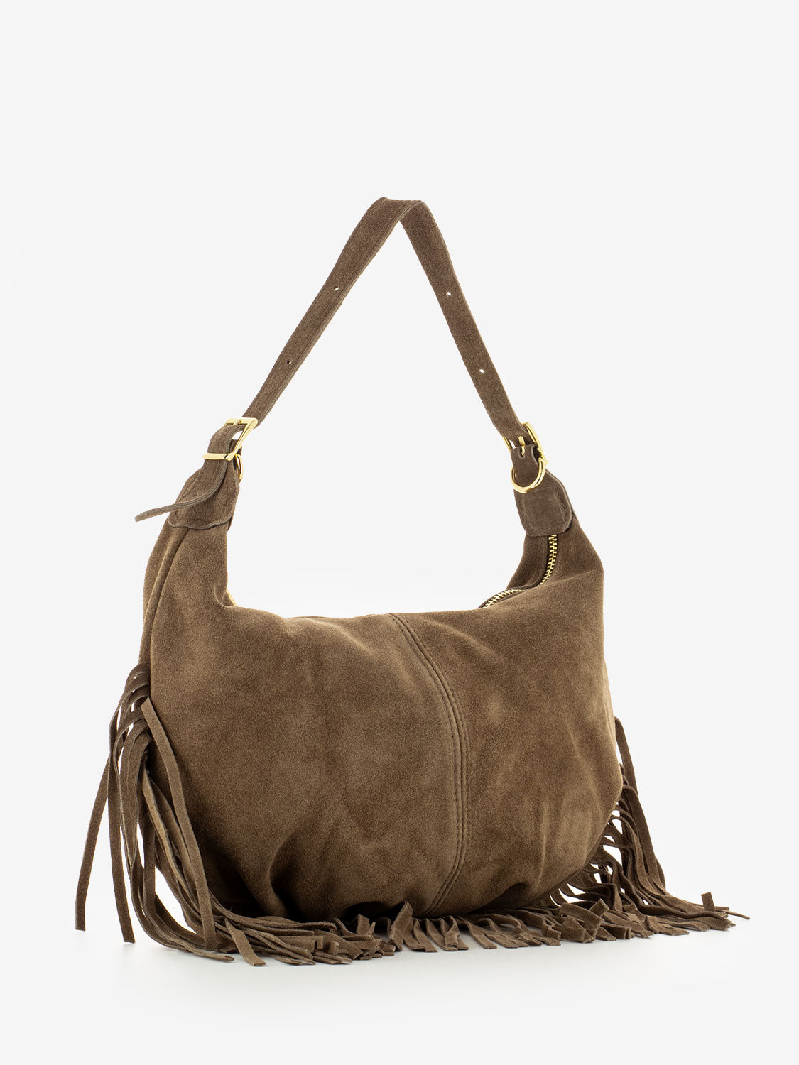 Taupe suede fringed shoulder bag