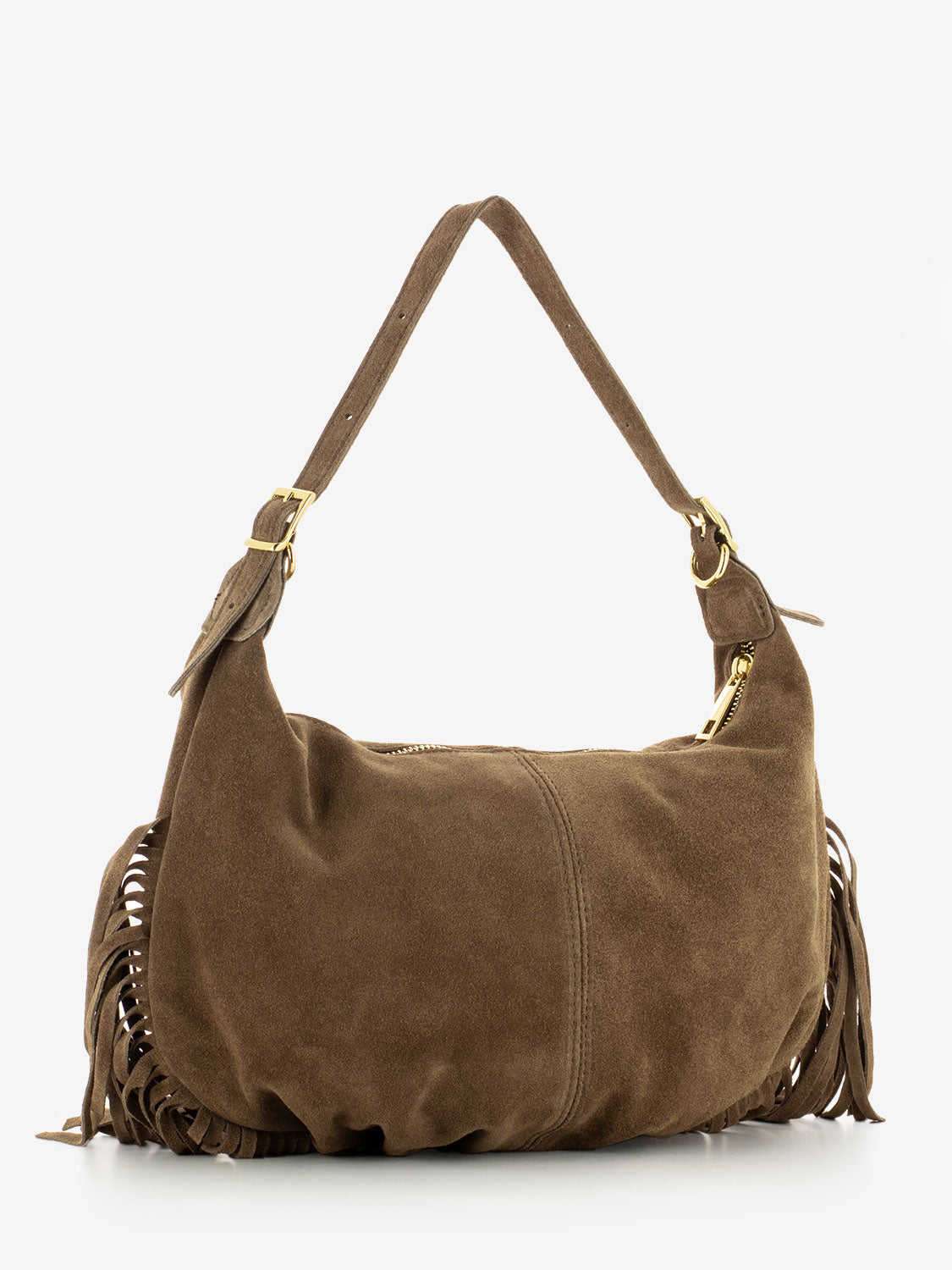 Taupe suede fringed shoulder bag