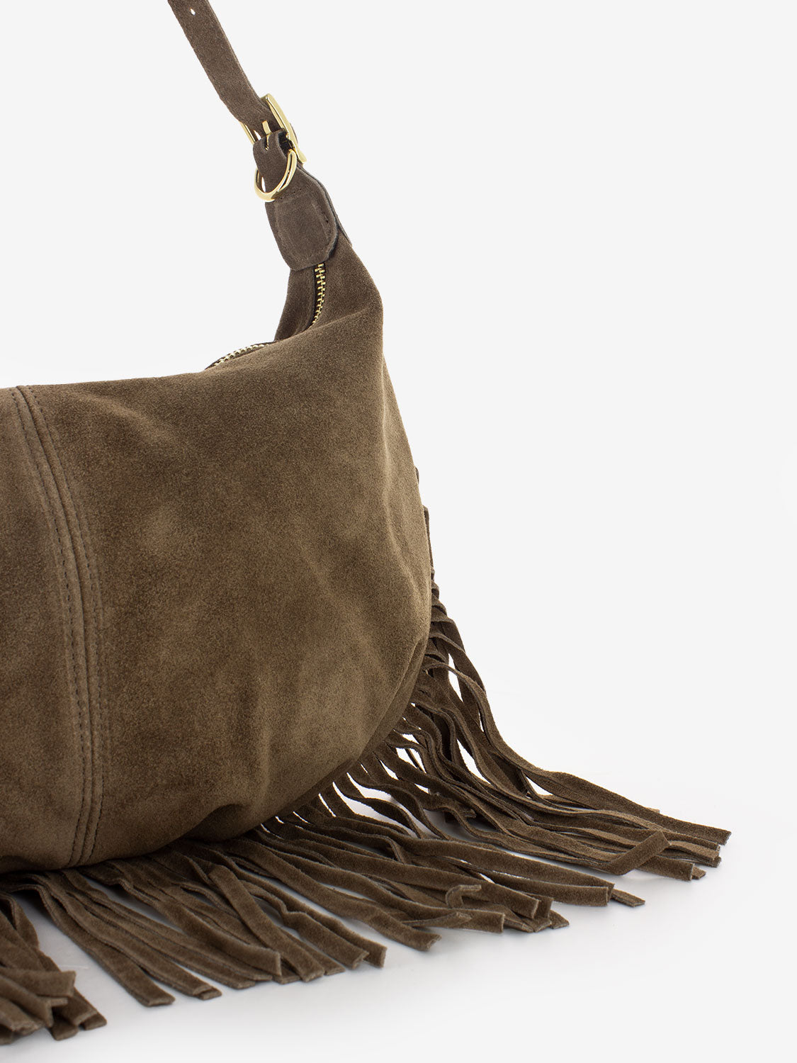 Taupe suede fringed shoulder bag