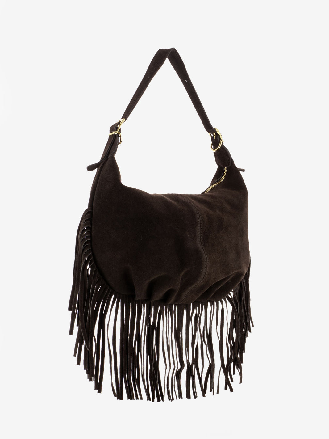 Dark brown suede fringed shoulder bag