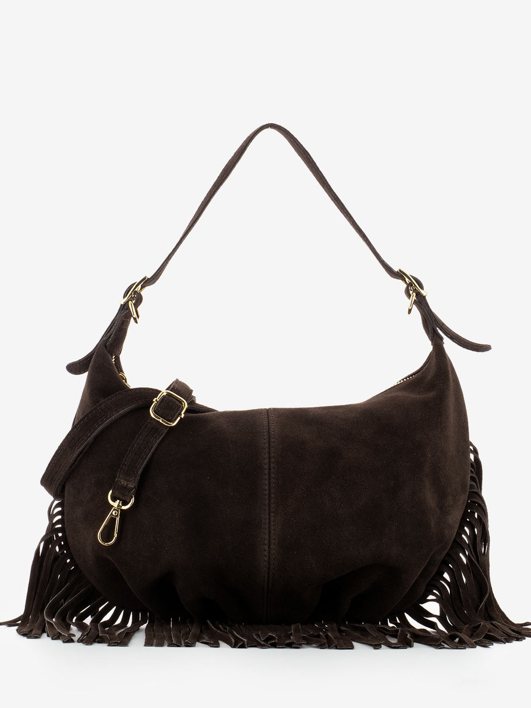 Dark brown suede fringed shoulder bag