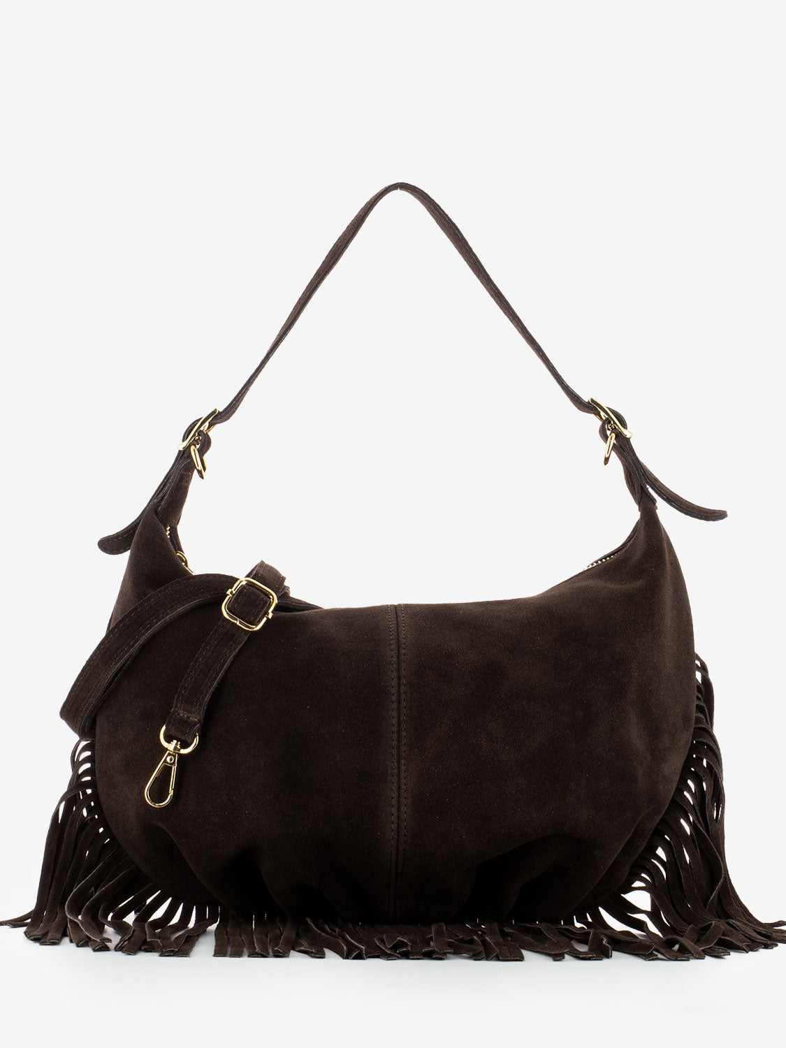 Dark brown suede fringed shoulder bag