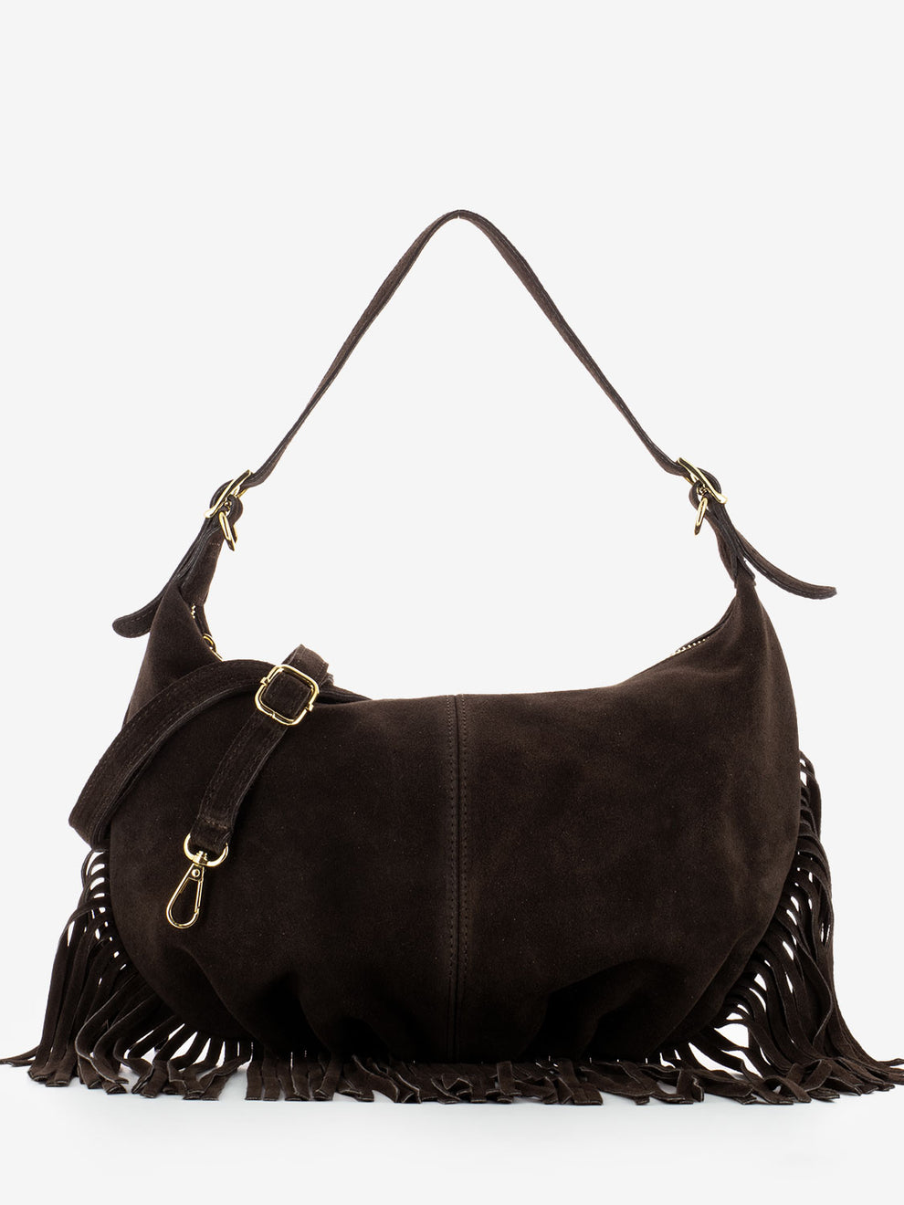 Dark brown suede fringed shoulder bag