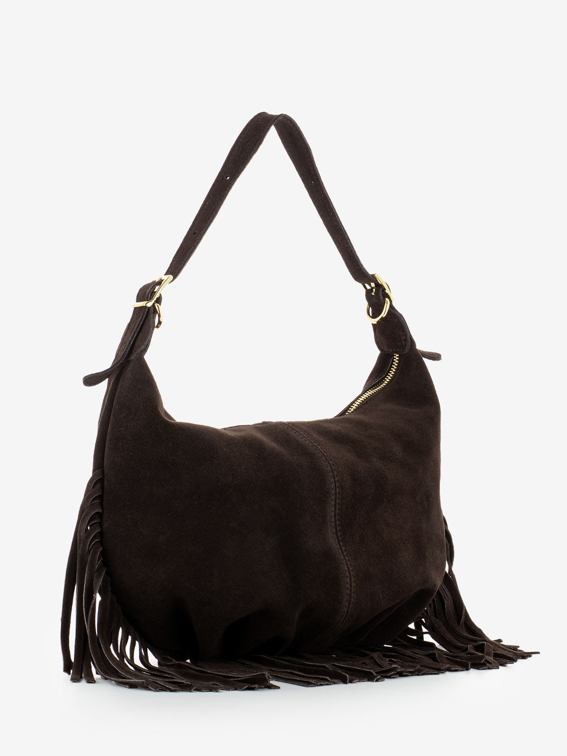 Dark brown suede fringed shoulder bag