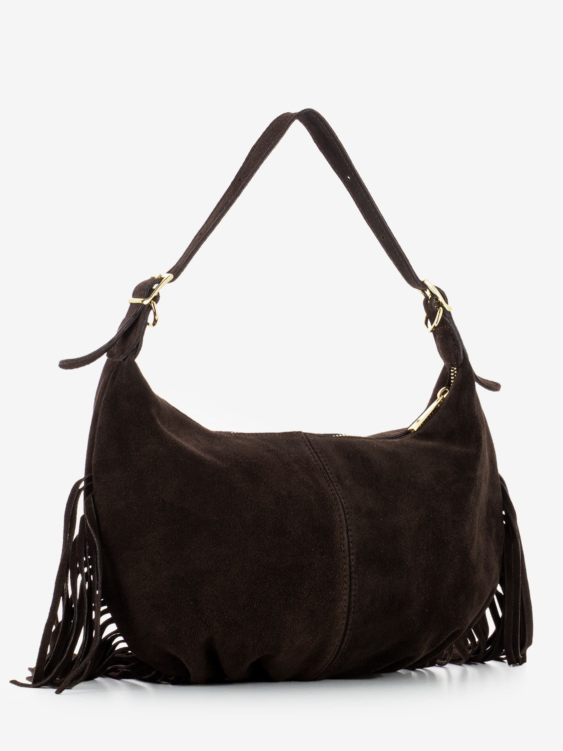 Dark brown suede fringed shoulder bag