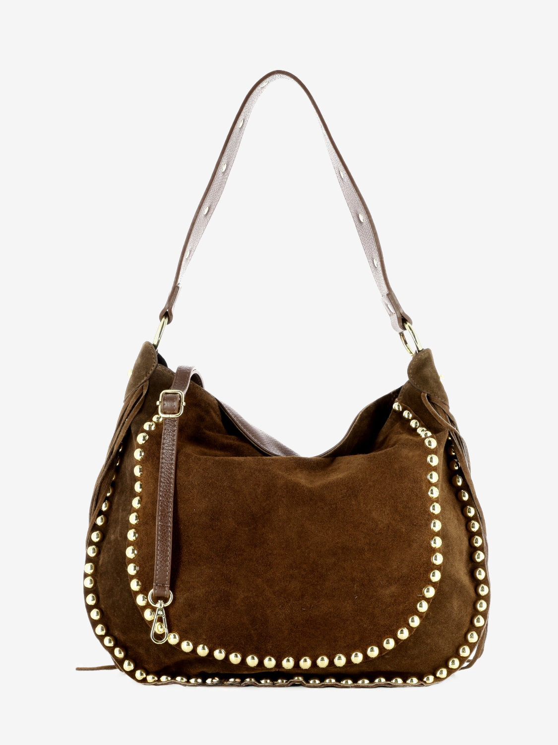 Borsa con borchie e frange marrone