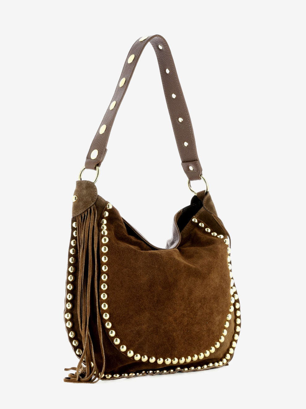 Borsa con borchie e frange marrone