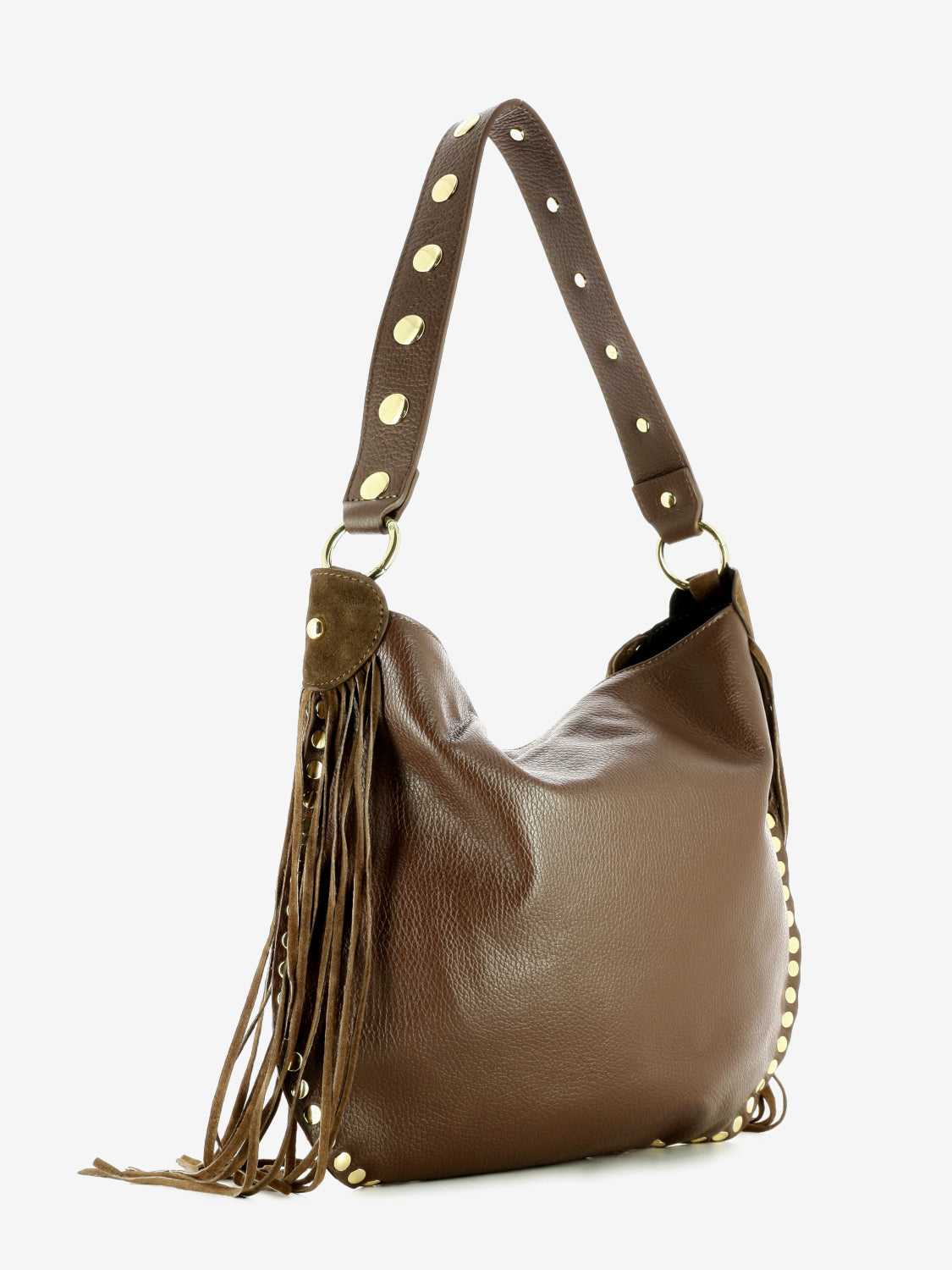 Borsa con borchie e frange marrone