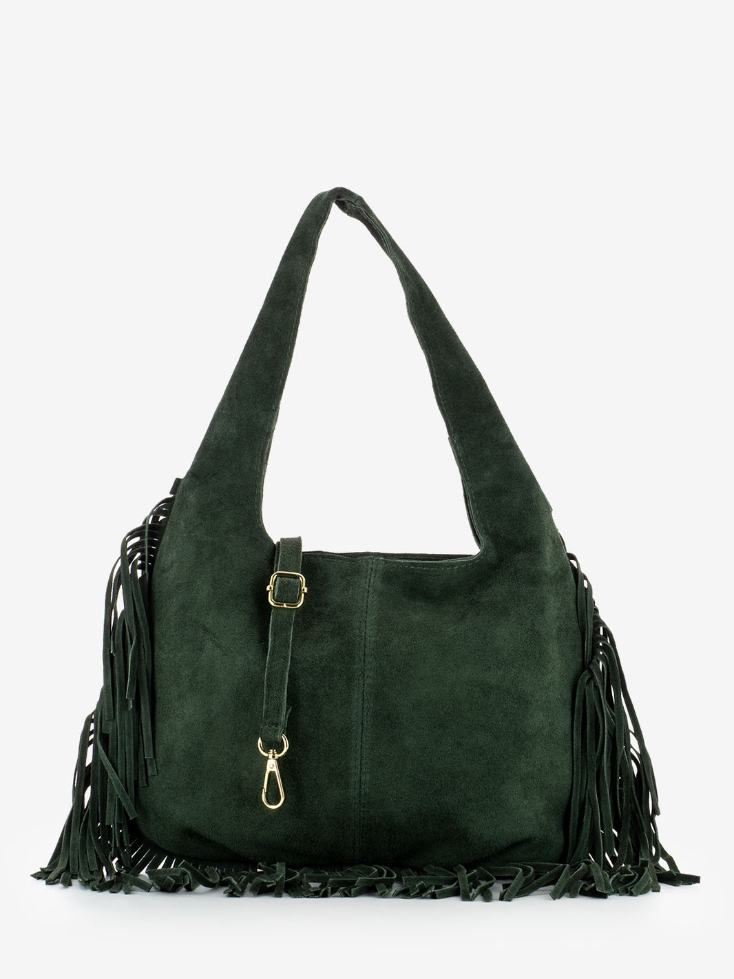 Borsa con frange in camoscio dark olive