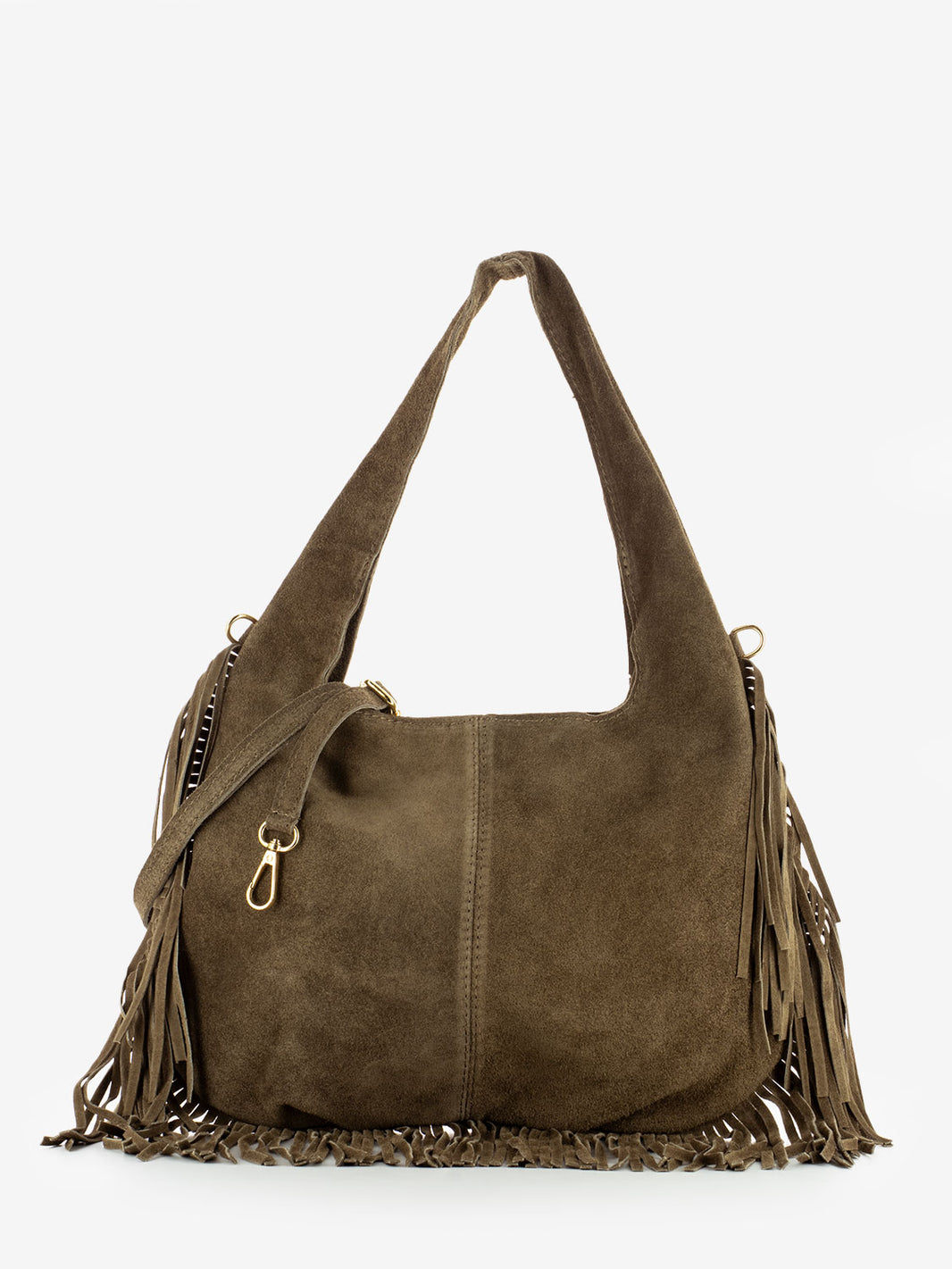 Borsa con frange in camoscio taupe
