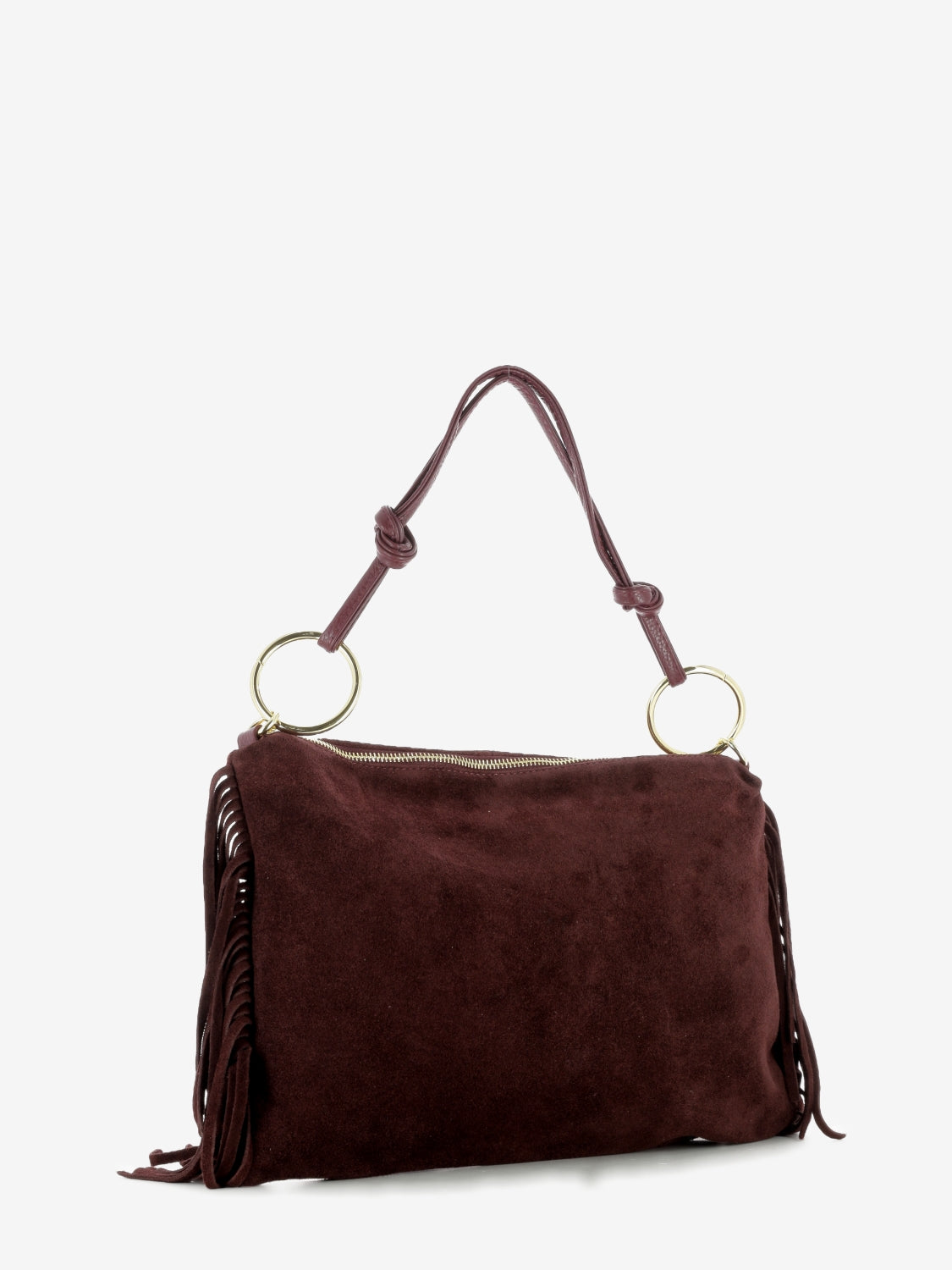 Burgundy fringed suede bag