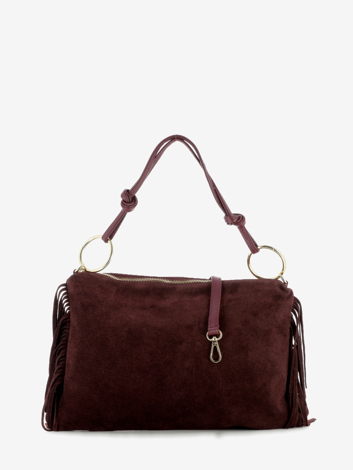 Burgundy fringed suede bag