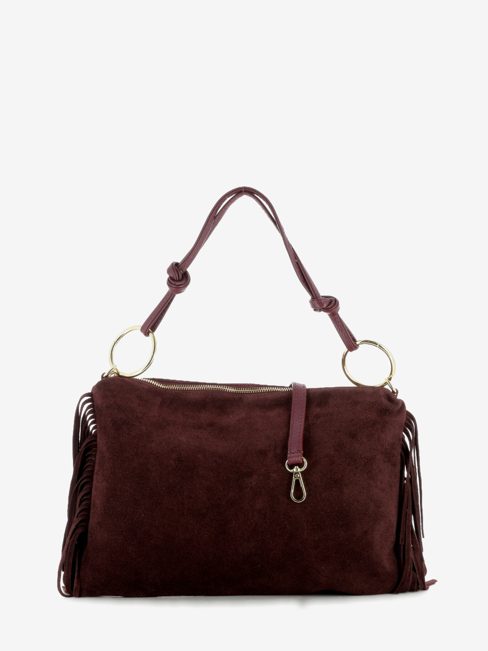 Burgundy fringed suede bag