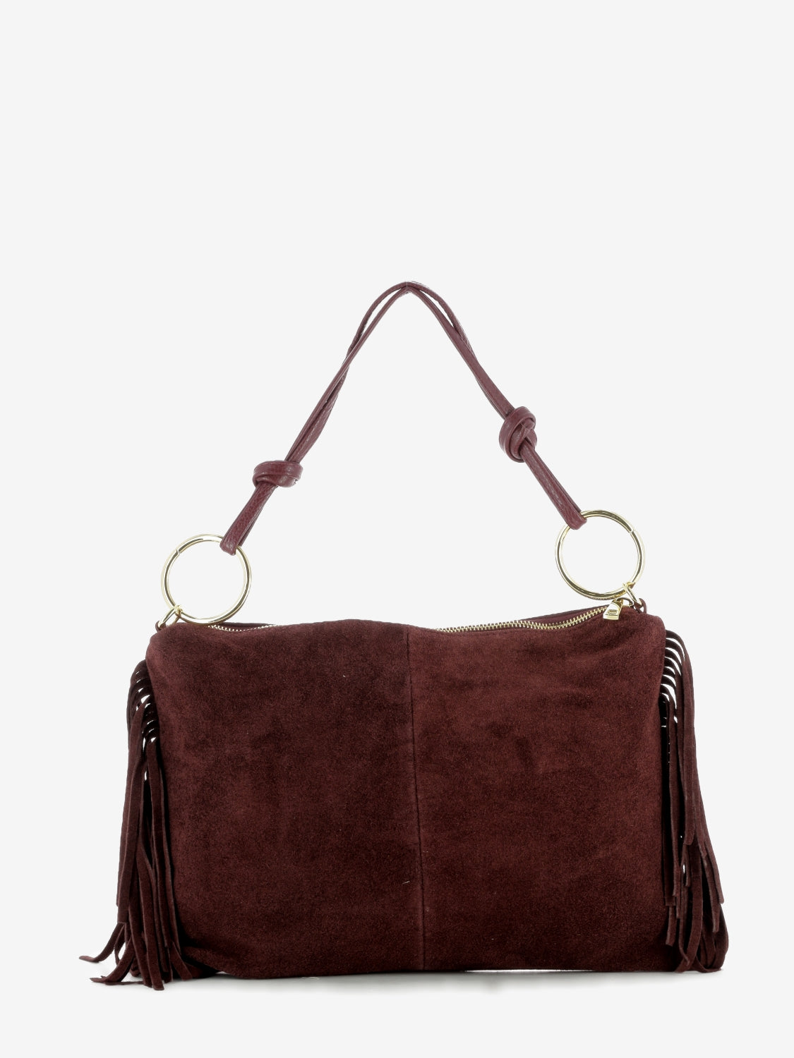Burgundy fringed suede bag
