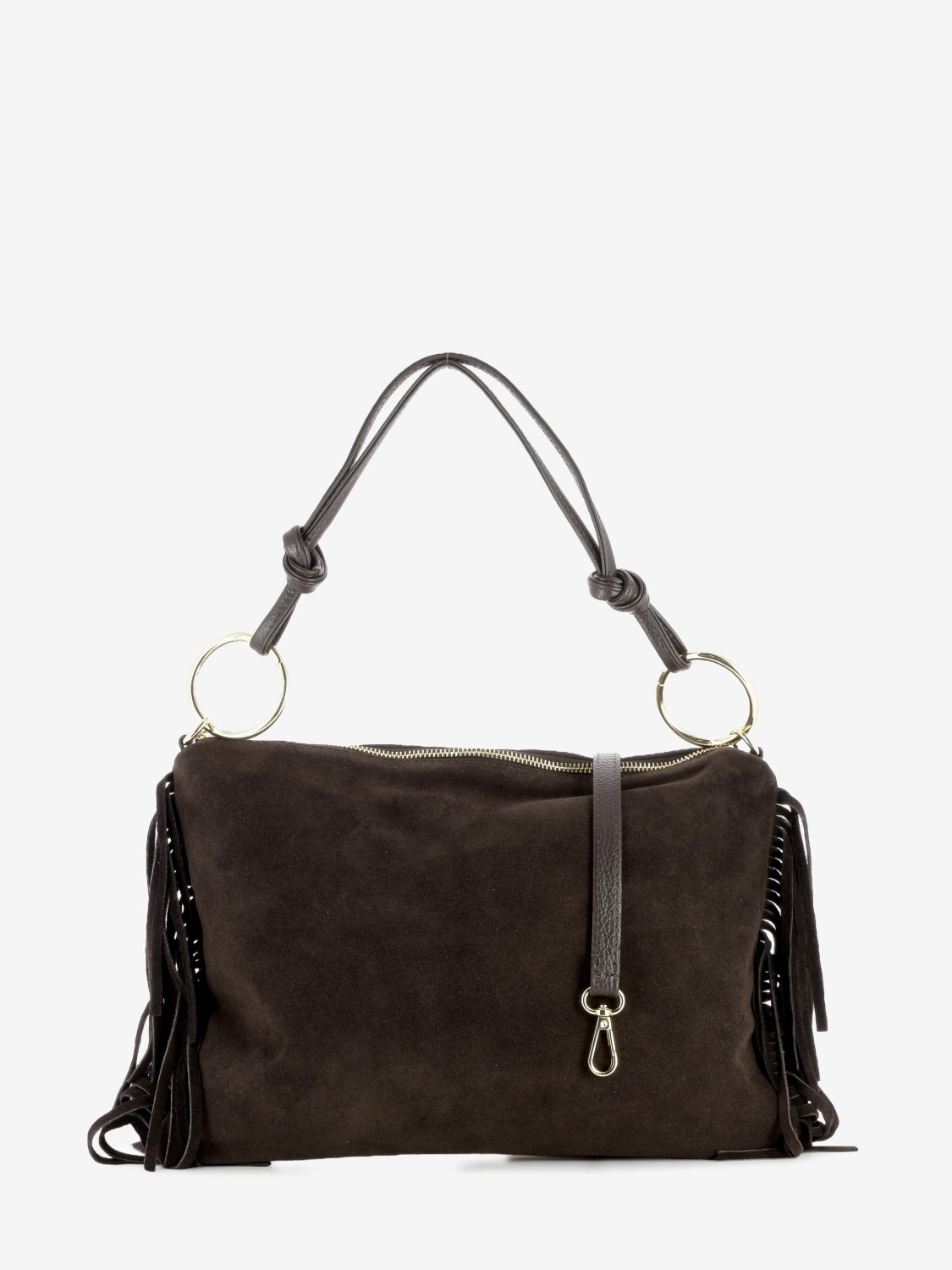 Suede bag with dark brown fringes
