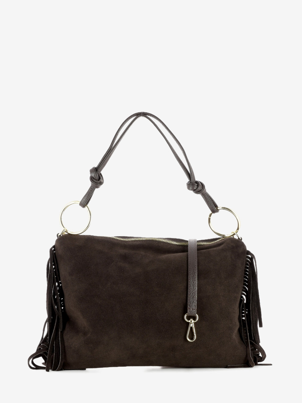 Suede bag with dark brown fringes
