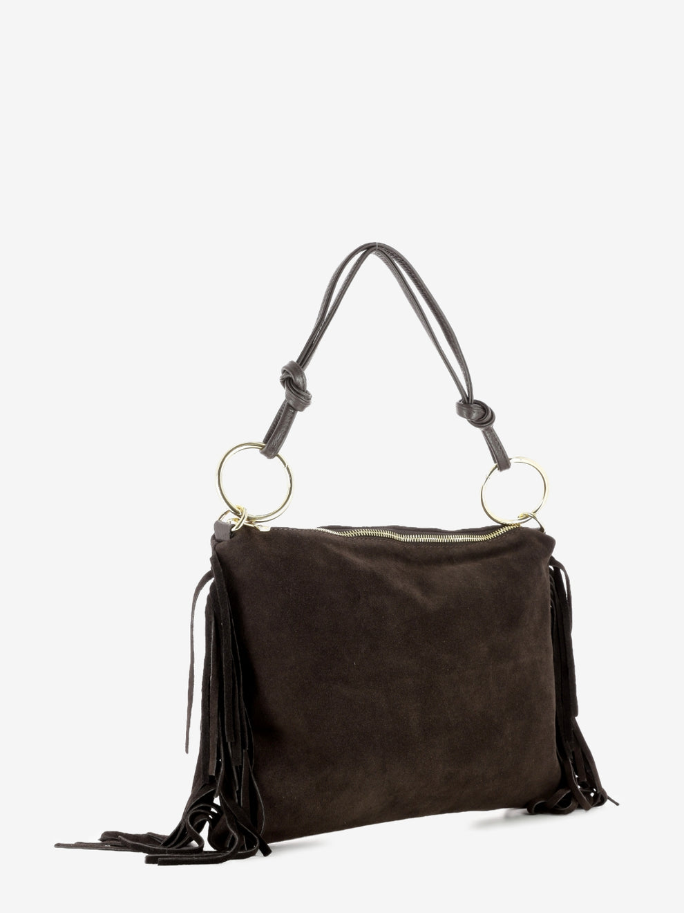 Suede bag with dark brown fringes