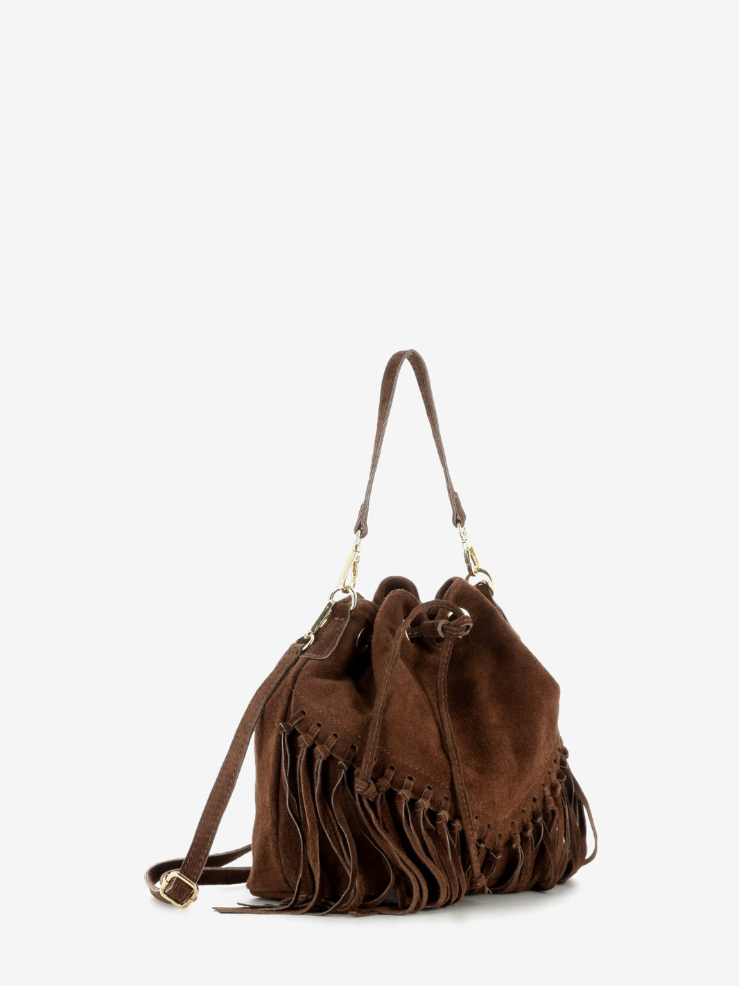 Brown suede bucket bag with fringes