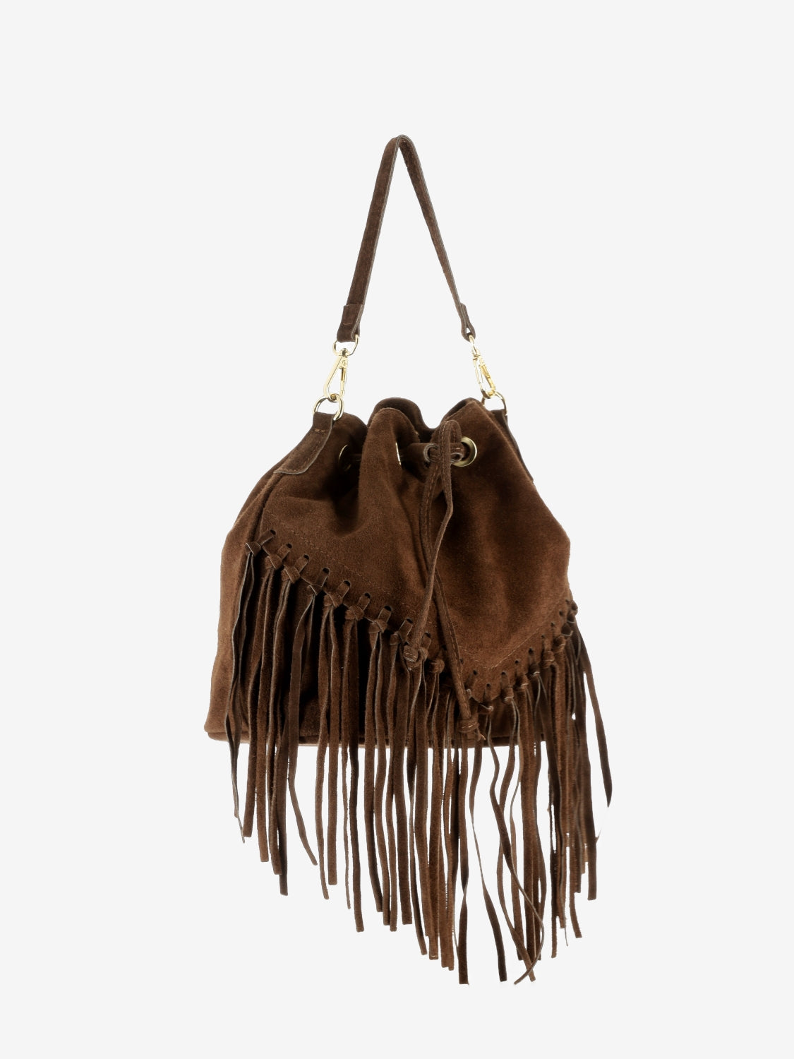 Borsa secchiello in suede con frange marrone