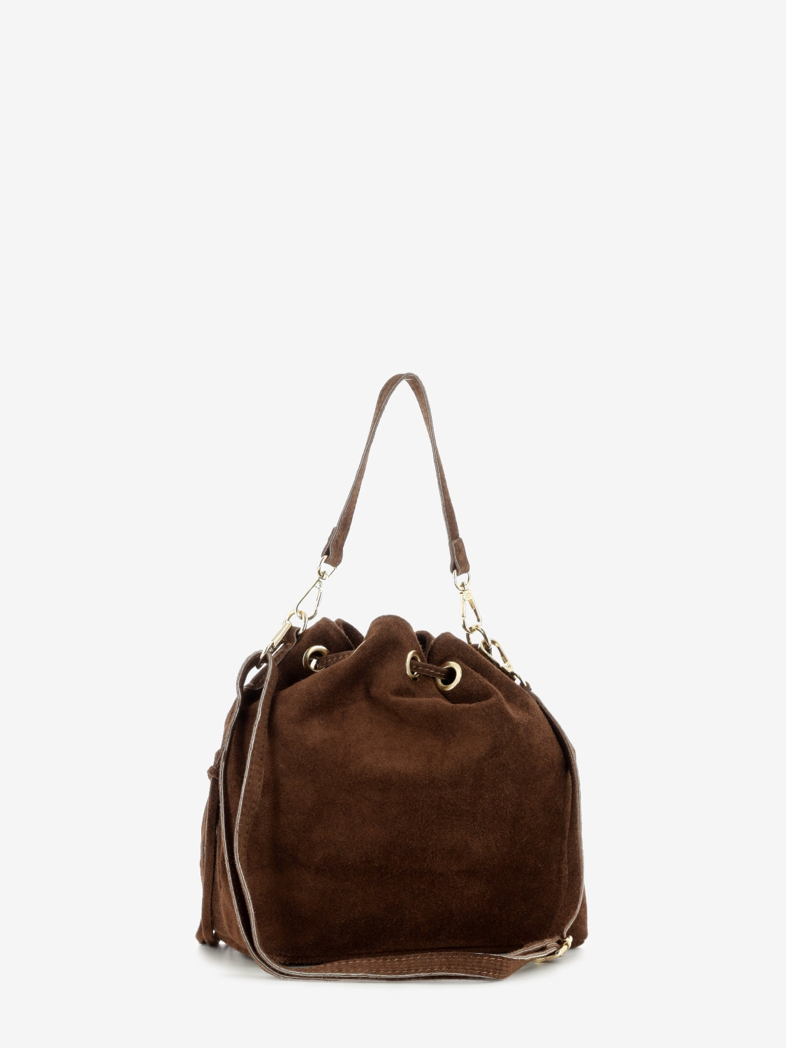 Borsa secchiello in suede con frange marrone