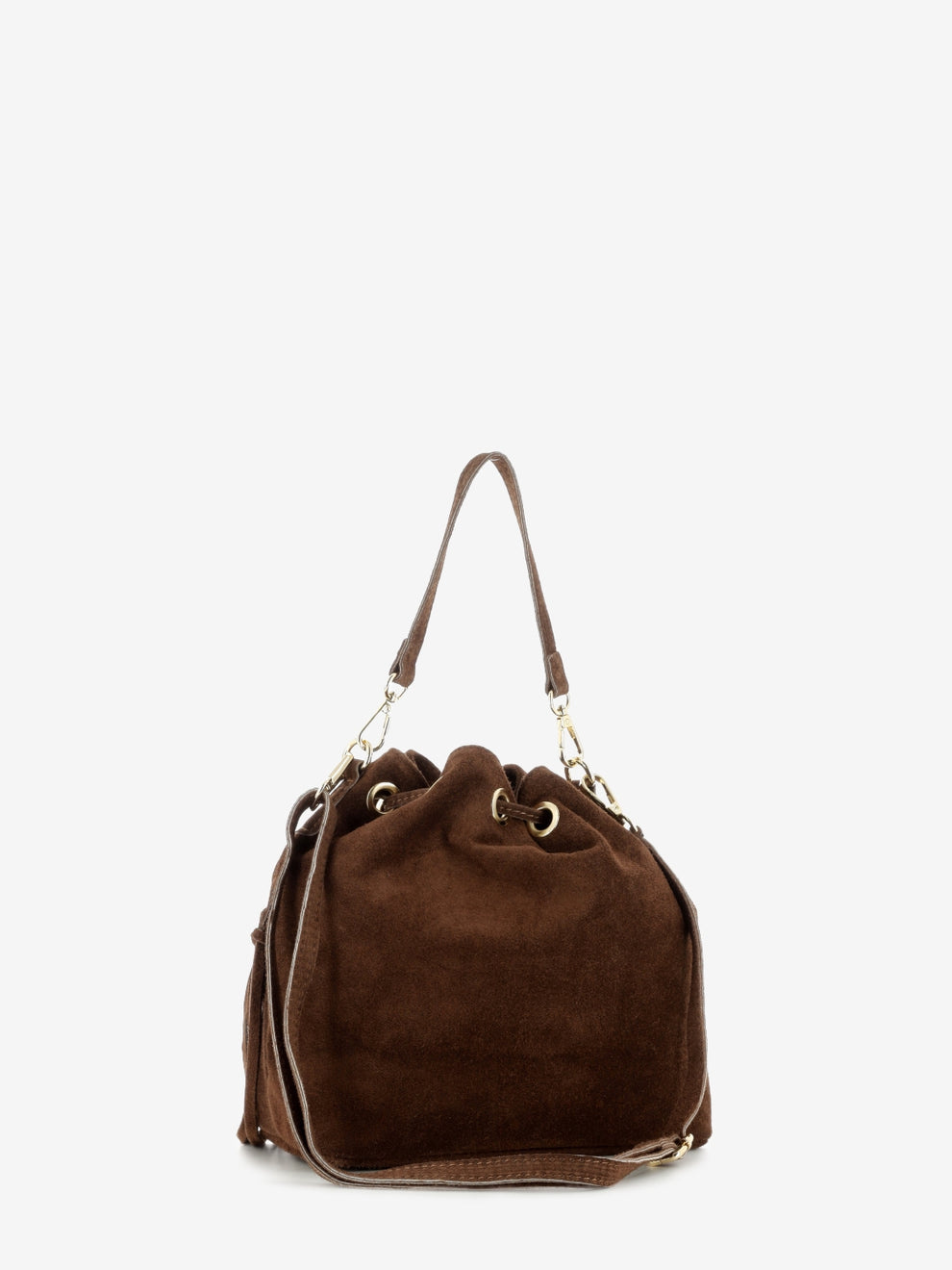 Borsa secchiello in suede con frange marrone