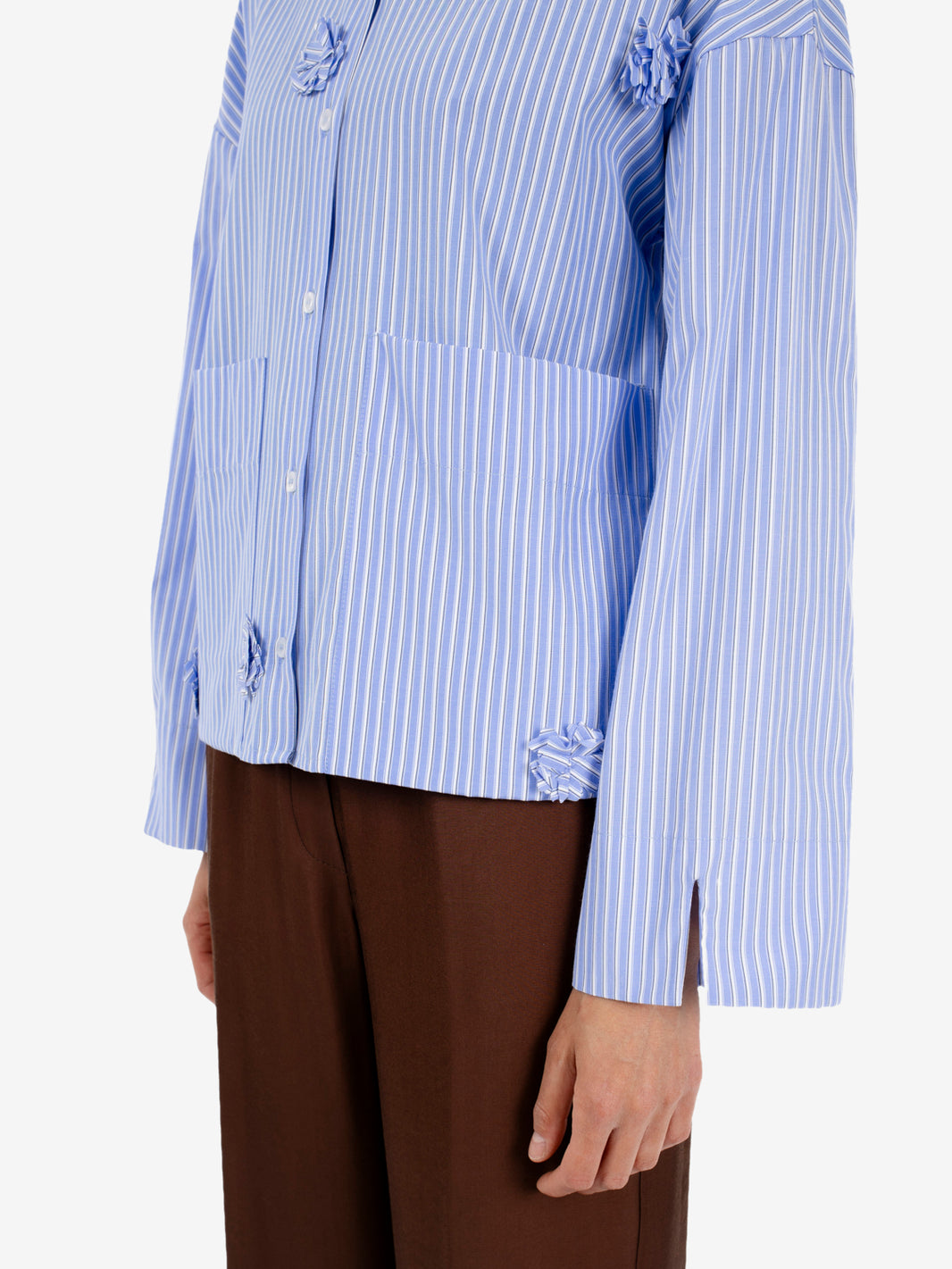 Striped shirt with applied blue flowers